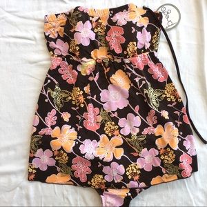 Brown Floral Strapless Maternity swimsuit 2 piece set XL or Small gold metallic